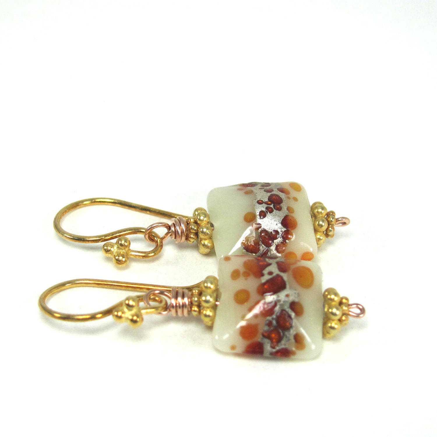 Glass, Lampwork, Rose Gold, Vermeil Earrings
