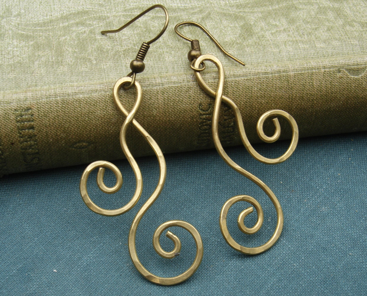Brass Swirl Dangle Earrings - Dancing Double Swirl Curl Spirals - Metal Wire Jewelry - Women - Brass Earrings