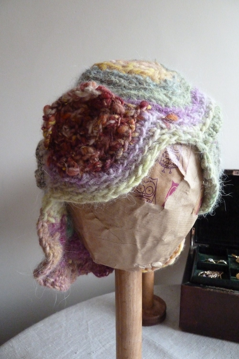 Handspun yarn hat, freeform crochet for women, wearable art