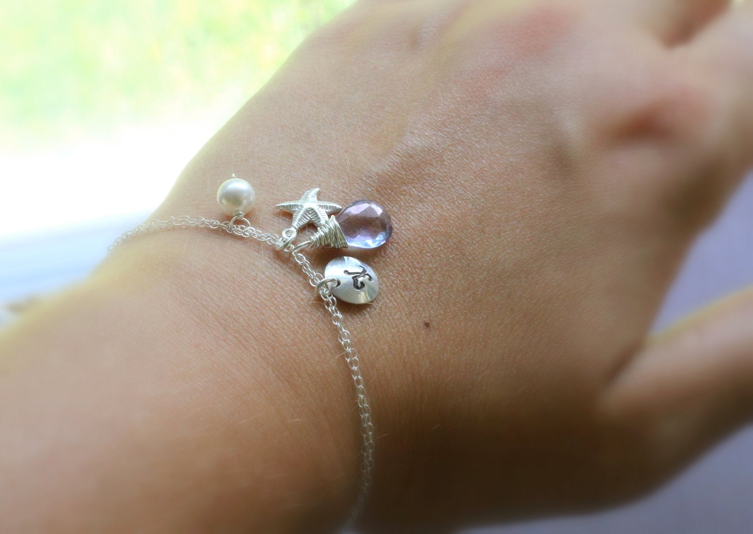 Personalized Starfish Bracelet, Beach Charm Bracelet, Initial Charm, Periwinkle Blue, Custom Stone, Summer Bracelet, Beach Wedding