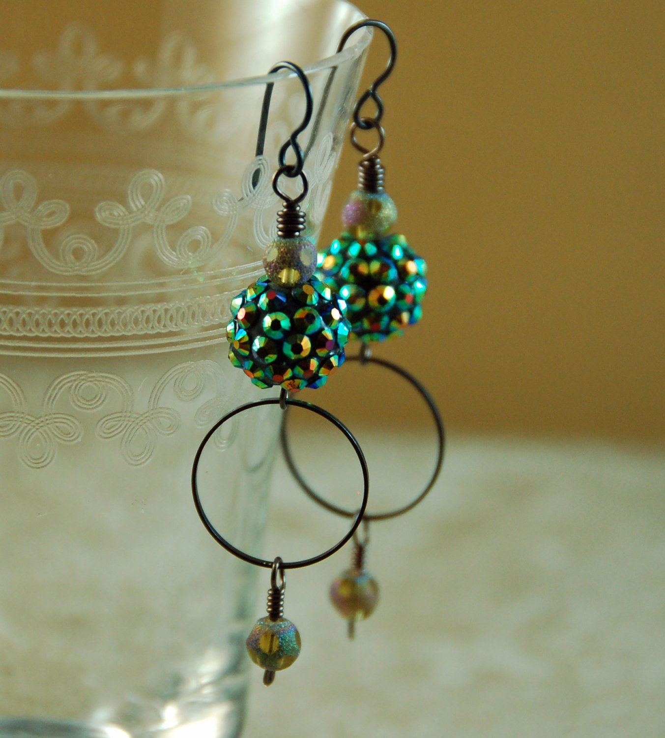 Iridescent Peacock Crystal Dangle Earrings