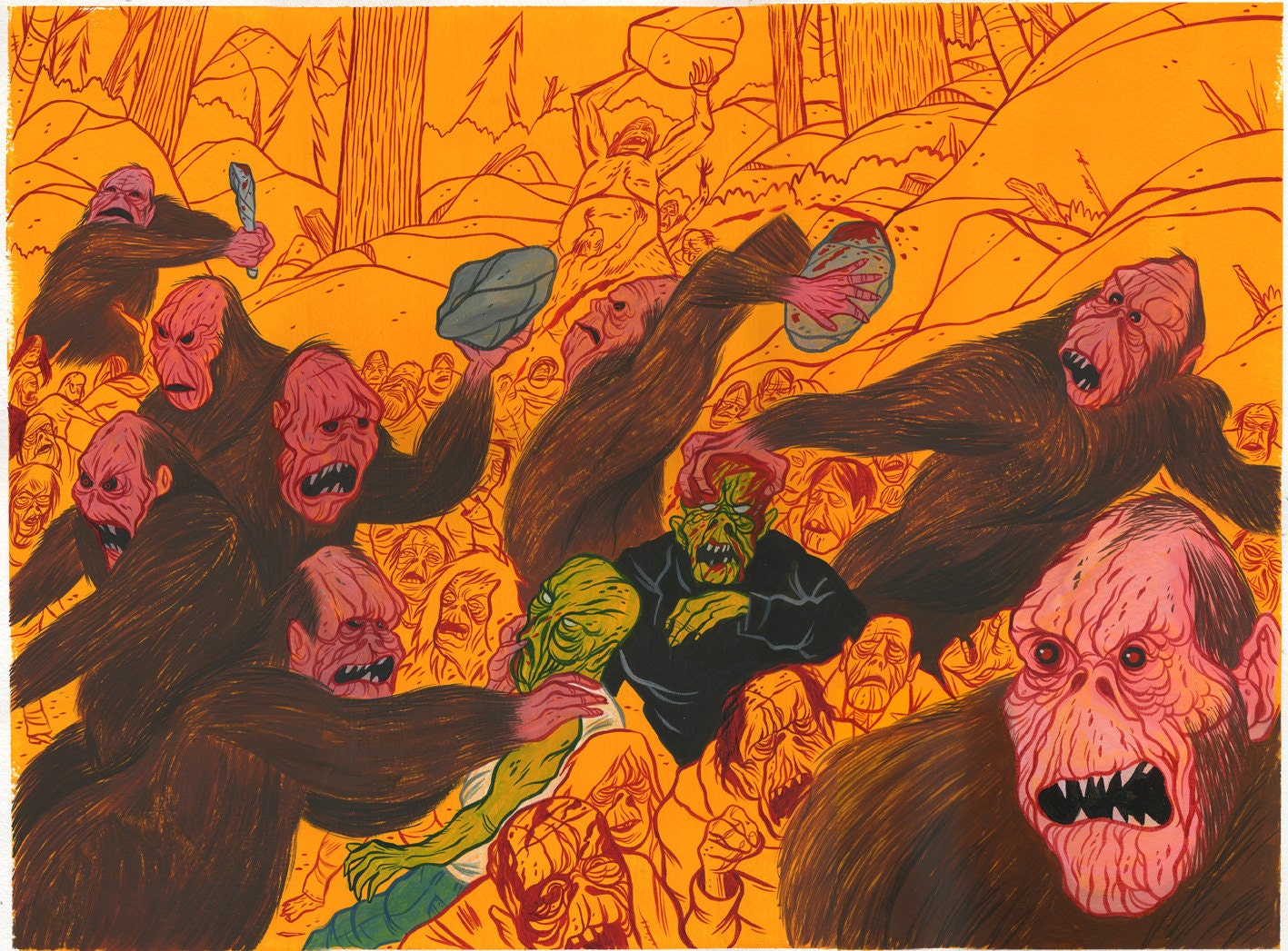ORIGINAL Bigfoot vs. Zombie War 15x20 gouache painting by "Mordicai Sulk"