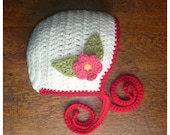 Baby Bonnet Flower Handmade Crochet Cream White Red Green Pink Hat Beanie Toddler Child