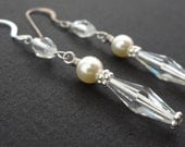 THE SKINNY swarovski crystal and pearl long bridal earrings.  Vintage style.  Sterling silver.  Long wedding earrings.