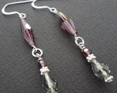 PURPLE STORM purple and grey swarovski crystal long drop bridal earrings.  Wedding jewelry.  Bridesmaid earrings.  Vintage Style.