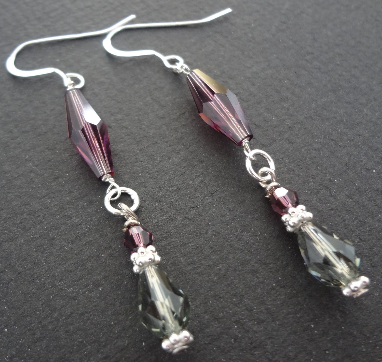 PURPLE STORM purple and grey swarovski crystal long drop bridal earrings.  Wedding jewelry.  Bridesmaid earrings.  Vintage Style.