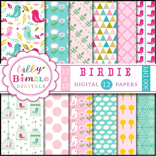 BIRDIE digital scrapbook papers for card design, invites, Birds Instant Download Il_170x135