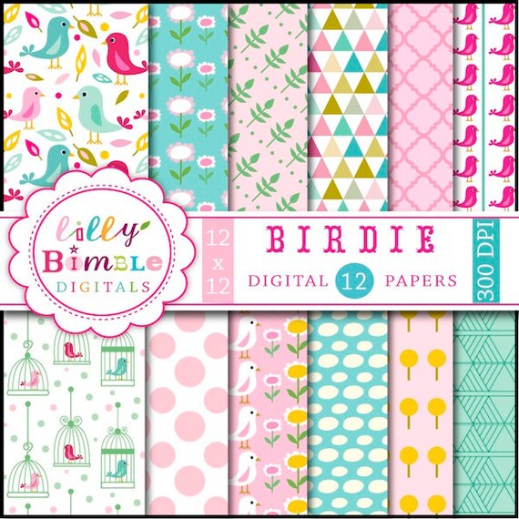 BIRDIE digital scrapbook papers for card design, invites, Birds Instant Download Il_570xn