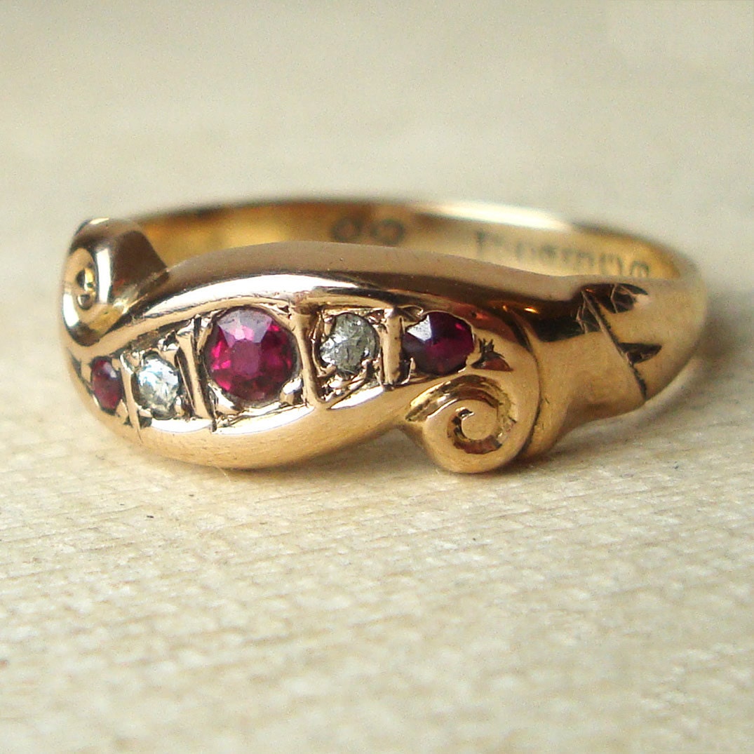 Vintage Ruby Engagement Ring, 1940's Gold, Diamond and Ruby Scrolled Wedding Ring, Approximate Size US 6.5