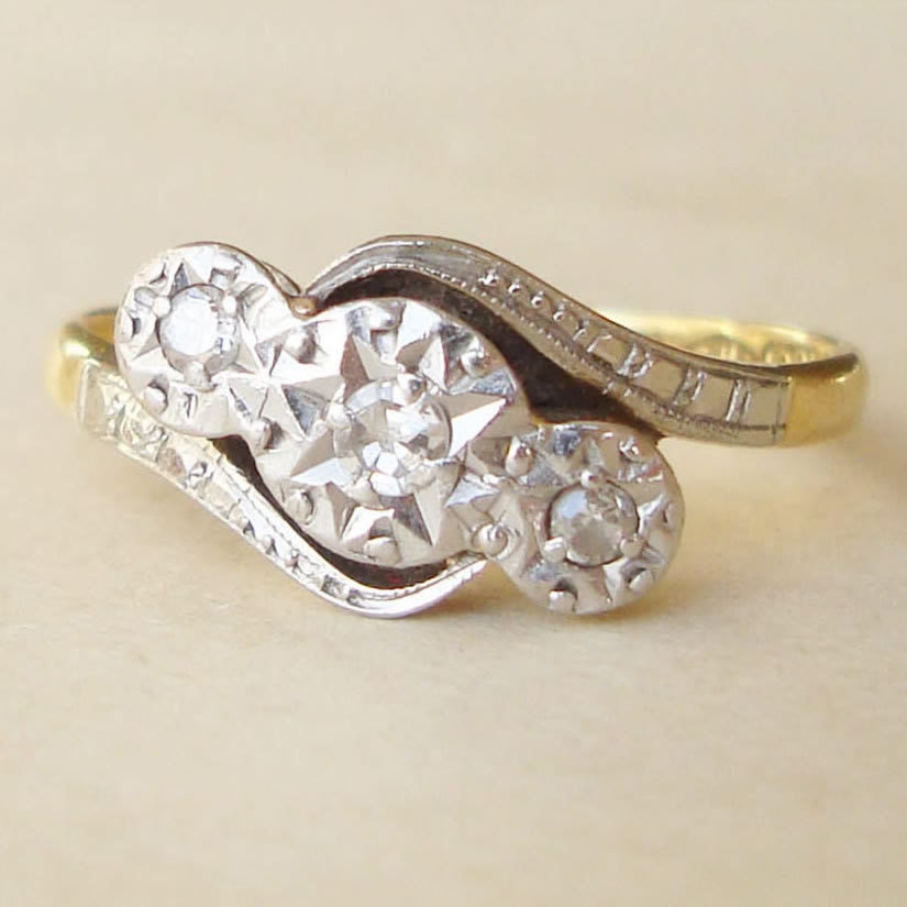 Art Deco Diamond Ring, Antique Diamond Trilogy Ring, Platinum Diamond and 18k Gold Trilogy Ring, Diamond Wedding Ring Size US 4