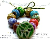 Round Porcelain Bead and Button Mix Handmade Emerald Green Amber Red Blue Ceramic Beads