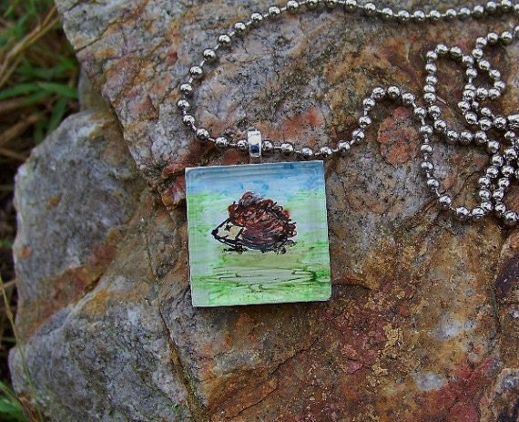 See Photos NEW Chain Design Original Painting Necklace Hedgehog Watercolor Sketch Pendant by Artist debra alouise