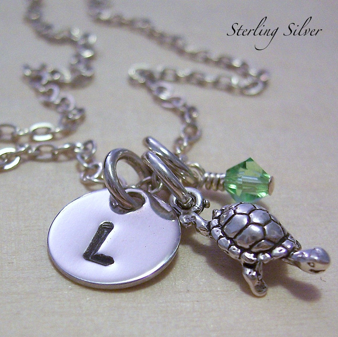 Petite Turtle Charm Necklace - Hand Stamped Sterling Silver Jewelry - Personalized with Initial and Birthstone