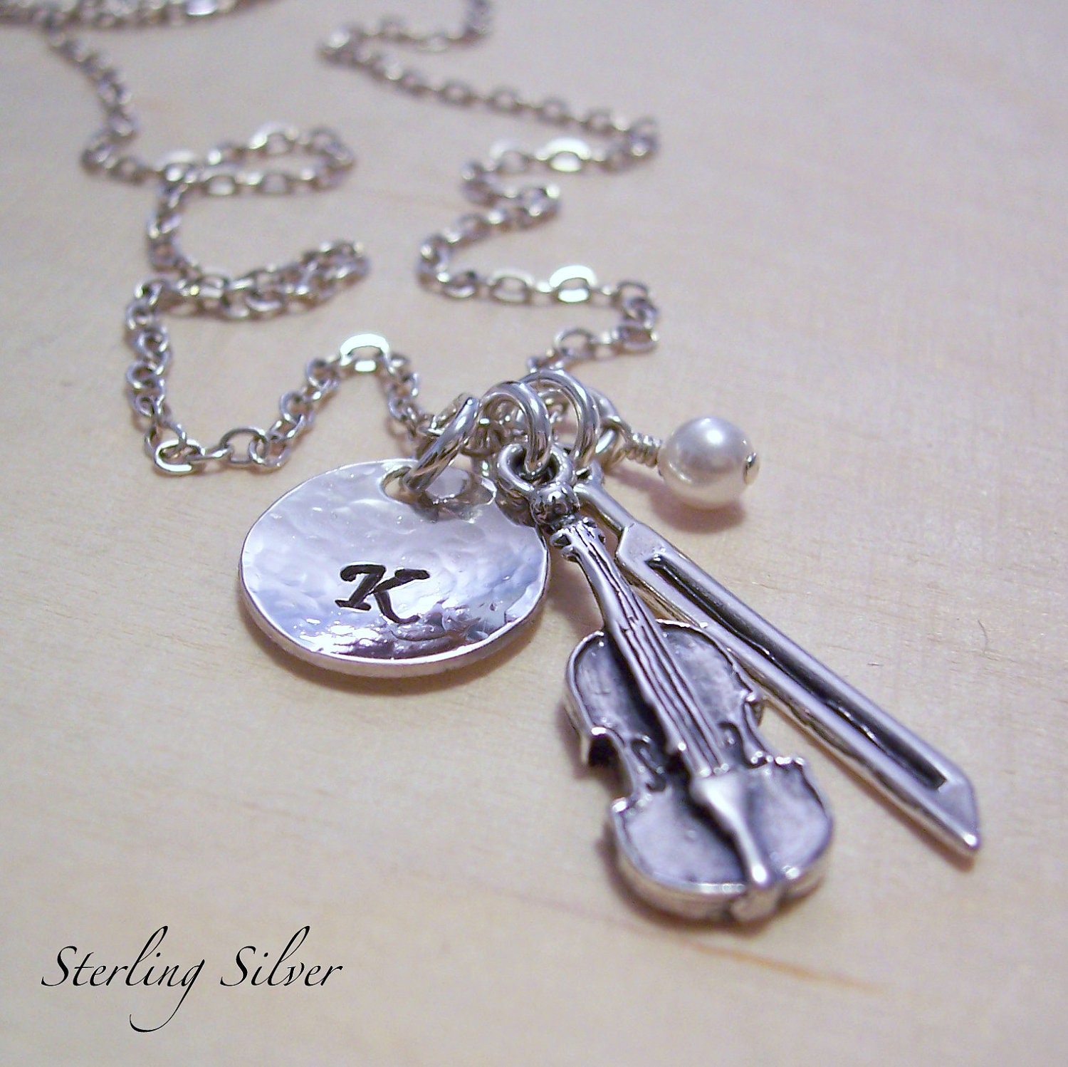 Violin Charm Necklace - Personalized Initial Disc - Monogrammed Necklace - Sterling Silver Keepsake Jewelry
