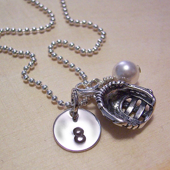 Baseball Glove Charm Necklace - Softball Glove Charm Necklace - Personalized With Custom Initial And Birthstone