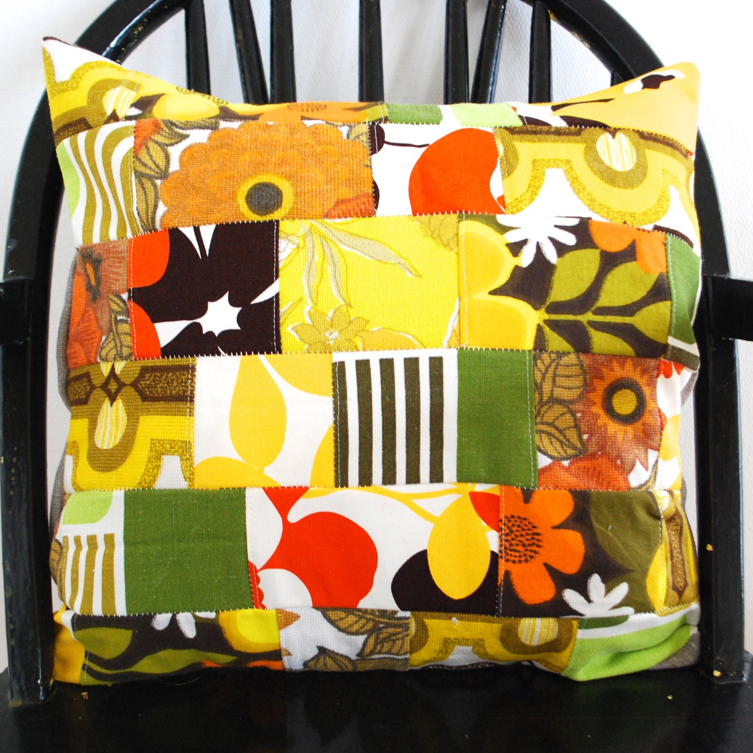 Decorative throw pillow cover retro patchwork pillowcase no 2 16" x 16"