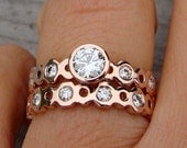 Moissanite and Recycled 14k Rose Gold Engagement Ring and Wedding Band Set - Eco-Friendly Diamond Alternative - Made to Order