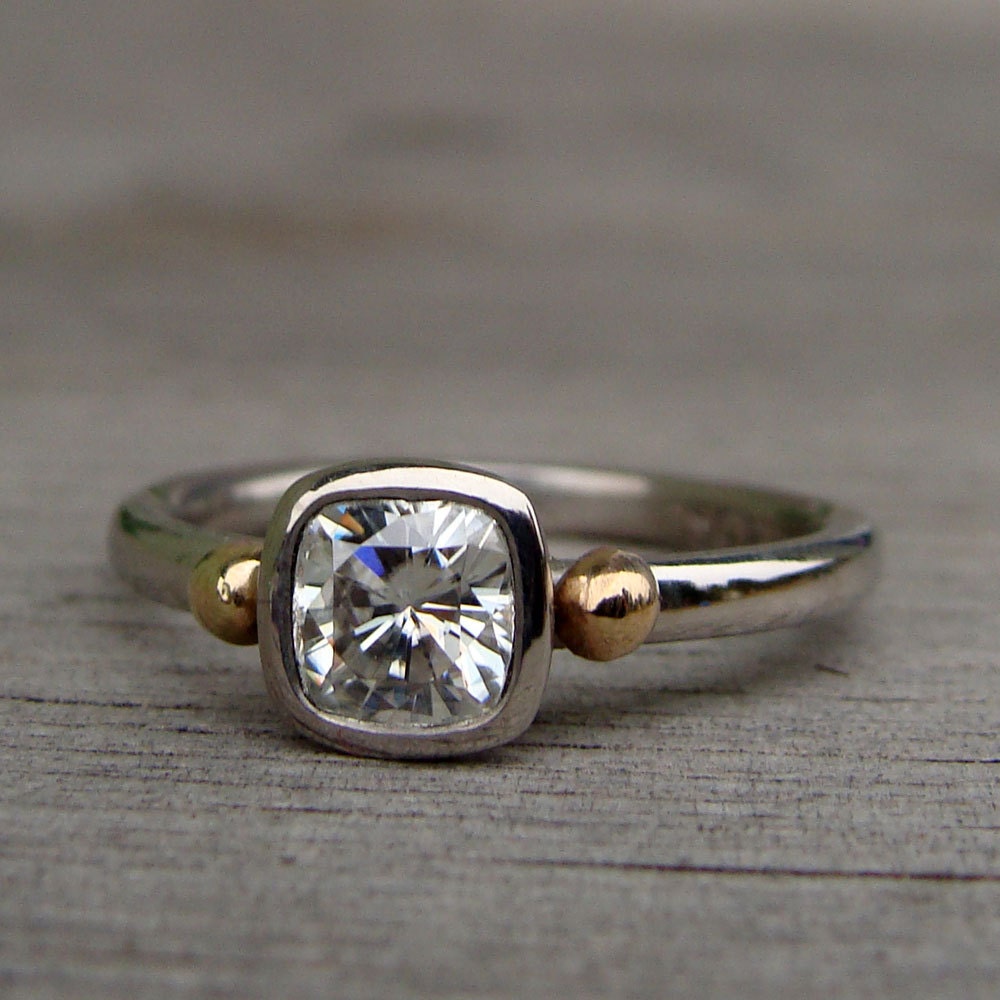 Engagement Ring - Forever Brilliant Moissanite (Square Cushion Cut), Recycled 950 Palladium, and Recycled 14k Yellow Gold, Made to Order