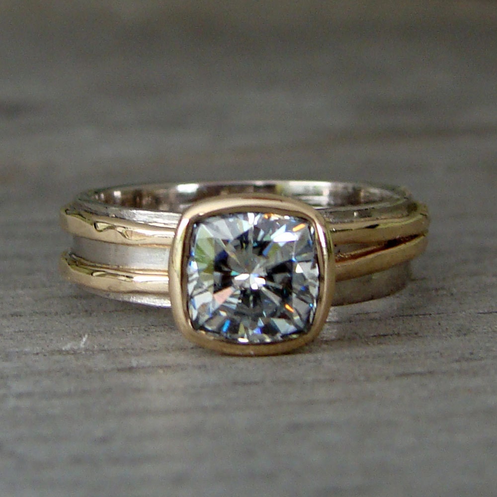 Forever Brilliant Moissanite, Recycled 14k Yellow Gold, and Recycled 18k Palladium White Gold Alternative Engagement Ring, Made to Order