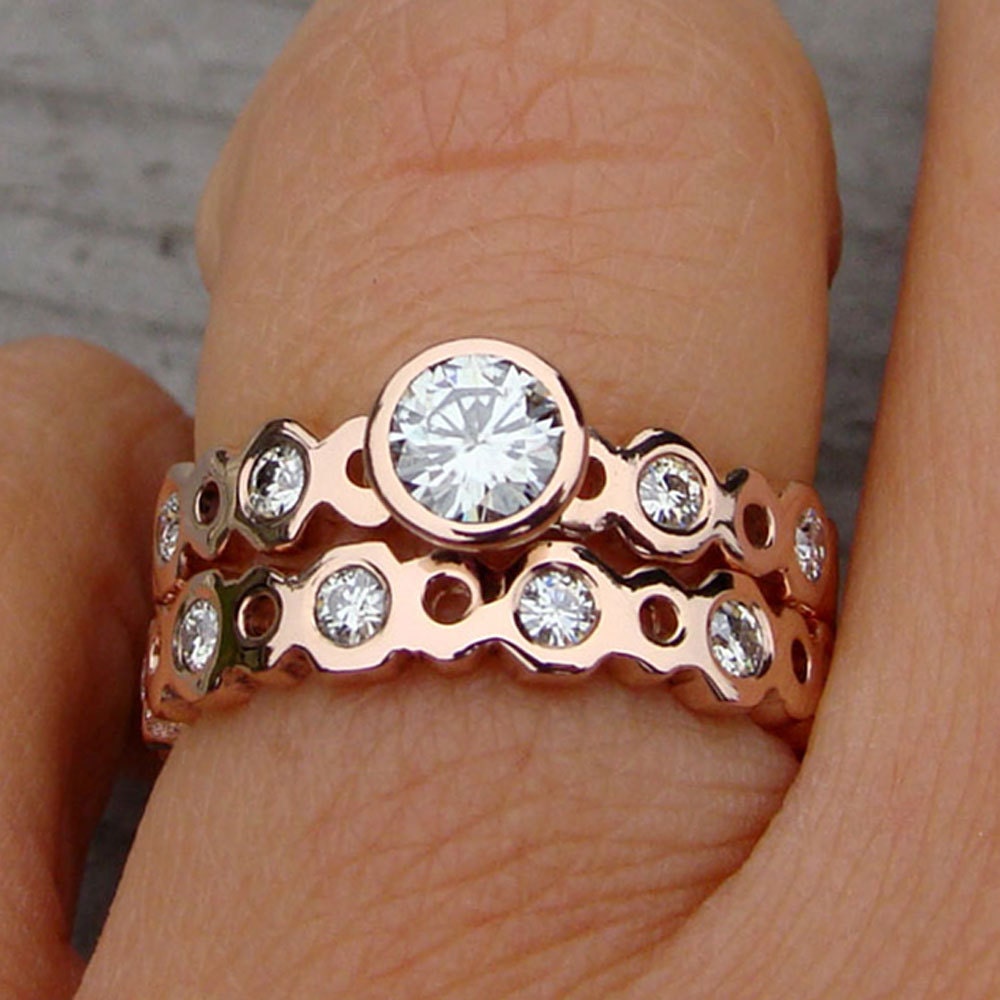 Moissanite and Recycled 14k Rose Gold Engagement Ring and Wedding Band Set - Eco-Friendly Diamond Alternative - Made to Order