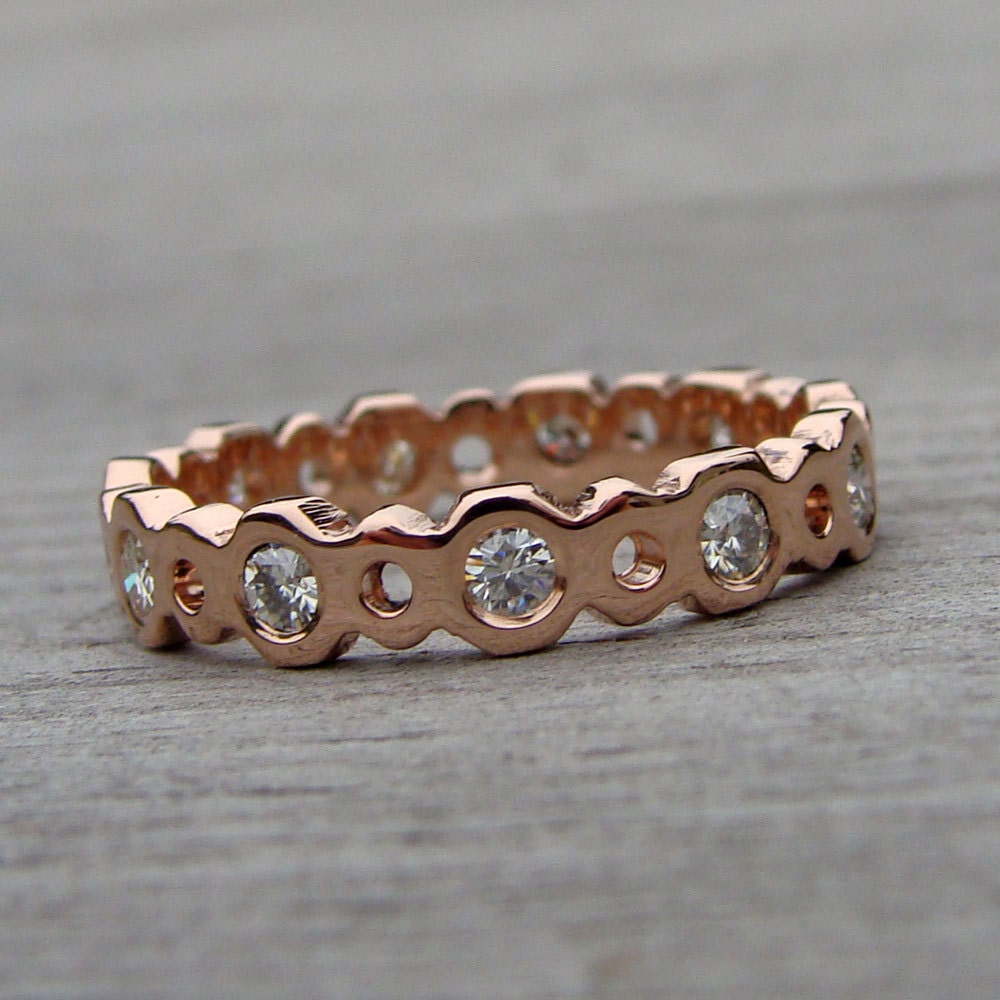 Moissanite and Recycled 14k Rose Gold Engagement Ring and Wedding Band Set - Eco-Friendly Diamond Alternative - Made to Order