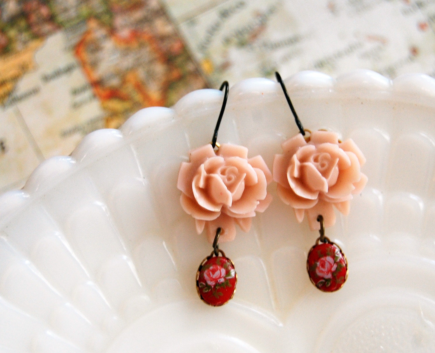 shabby chic red and pink vintage rose dangle earrings - antique brass
