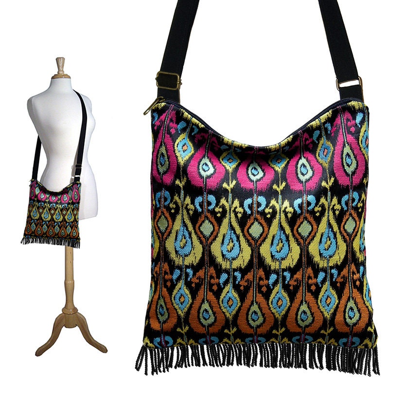 Women Handmade Handbag Hippie Purse Hobo Bag CrossBody Bag Cross Body Purse  Fringe Ikat