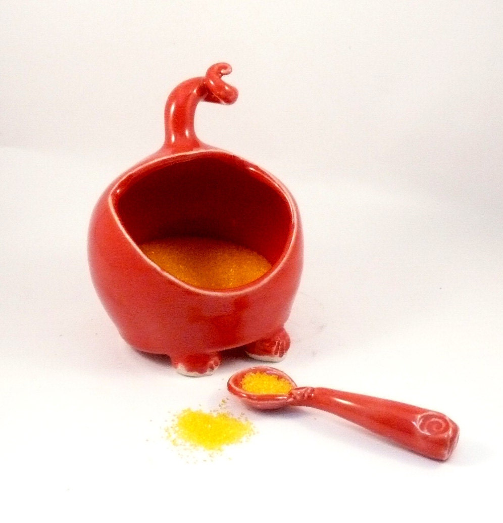 Red french salt pig with spoon IN STOCK salt holder - Rhubarb Ceramic  Salt Cellar  - Salt Dish  - simple minimalist design