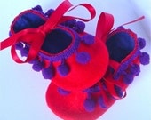 Red and Purple Pom Pom Felt Baby Booties/Shoes Small