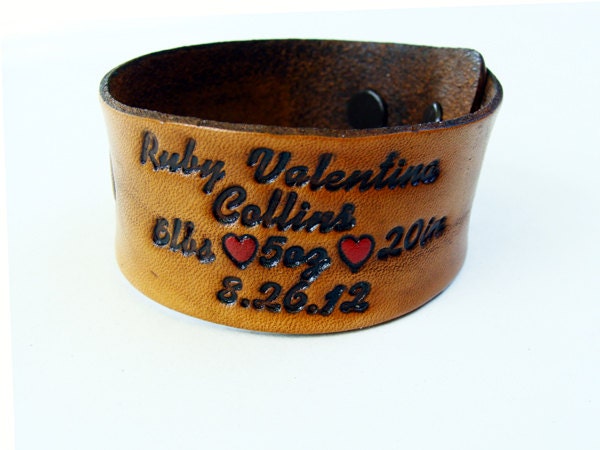 Leather Custom Baby Announcement Hand Stamped Bracelet