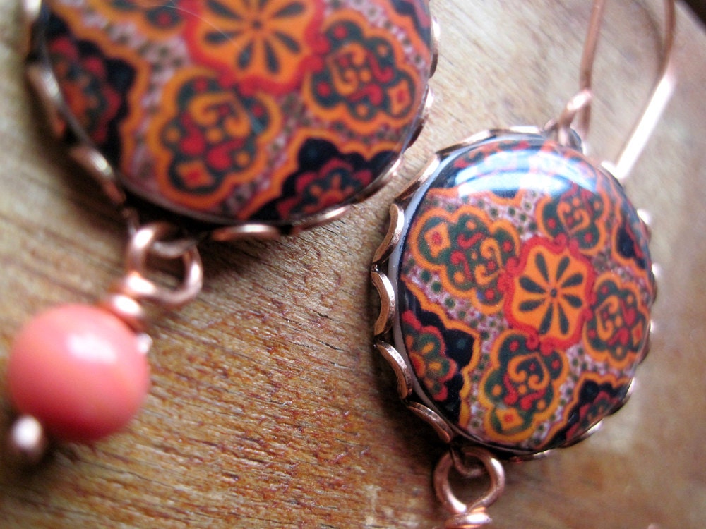 Mexican plate earrings, Coral Statement earrings, Mexican jewelry, Folk art earrings, Talavera pottery design, tile design