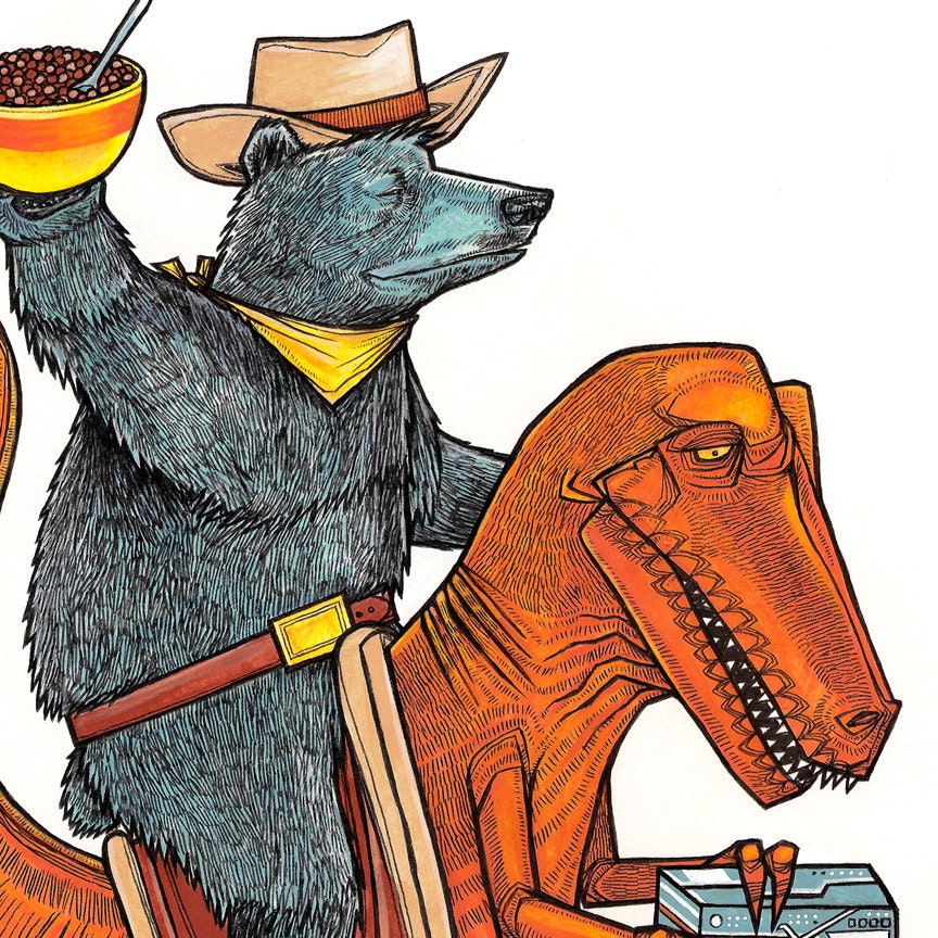 Cowboy Bears of the Dinosaur Apocalypse kitsch wildlife tyrannosaurus rex breakfast bizarre pop culture old west full color art print