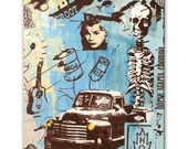 Bright Blue Skeleton Collage, Granpa's Truck Panel Painting, Art Gift for Him, Affordable Southern Punk Wall Art