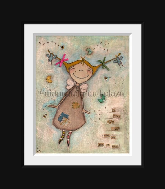 Print of my original folk art painting -  A Little Help - Fairy, angel, friends, birds, butterfly, bees