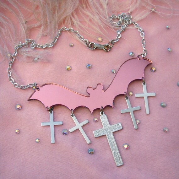 Pink Mirror Bat and Crosses Acrylic Necklace