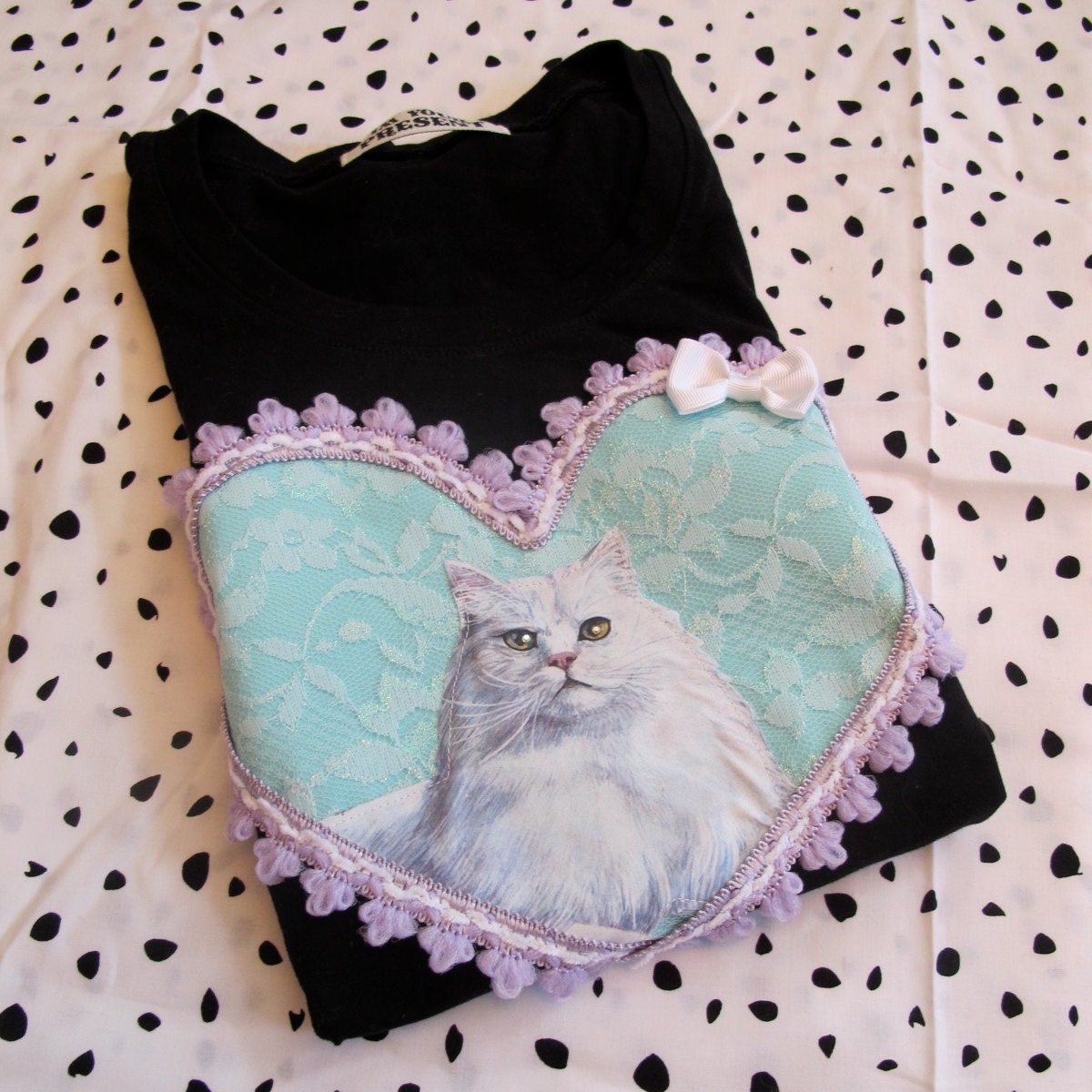 Black and Teal Cat Applique Tee