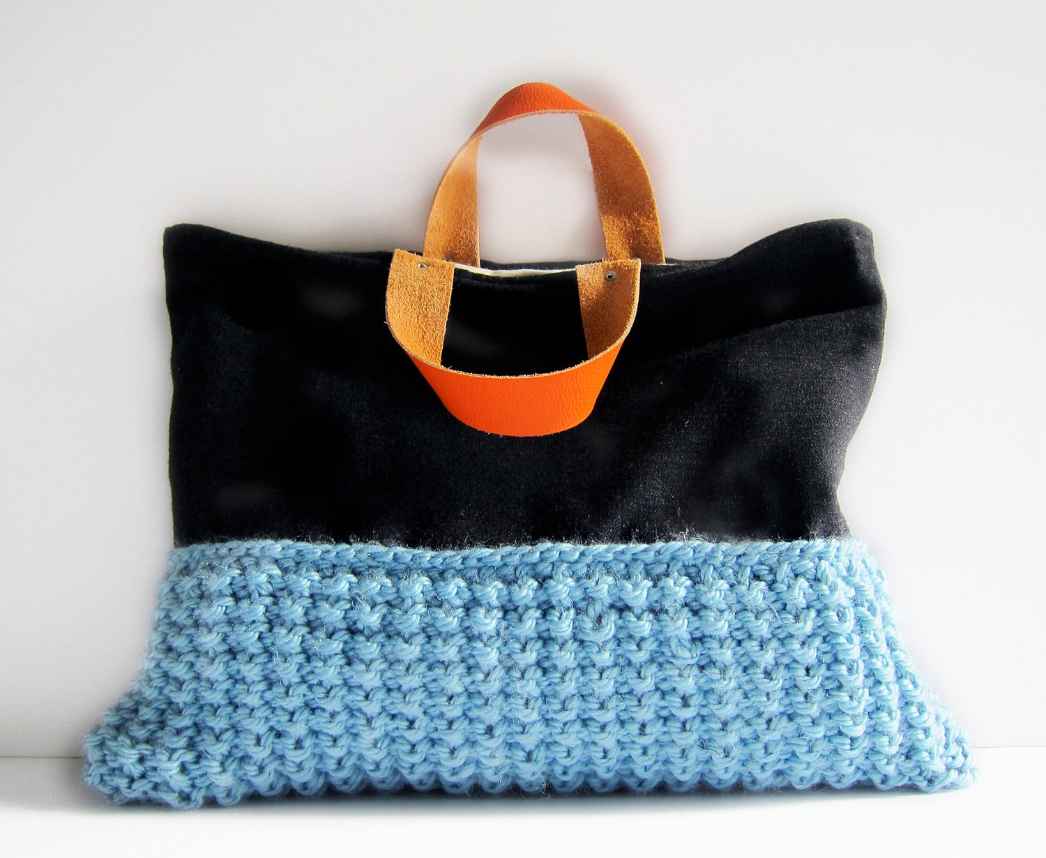 Knitted bag wool purse chunky knit tote blue black grey orange leather handles color block memake handmade fashion