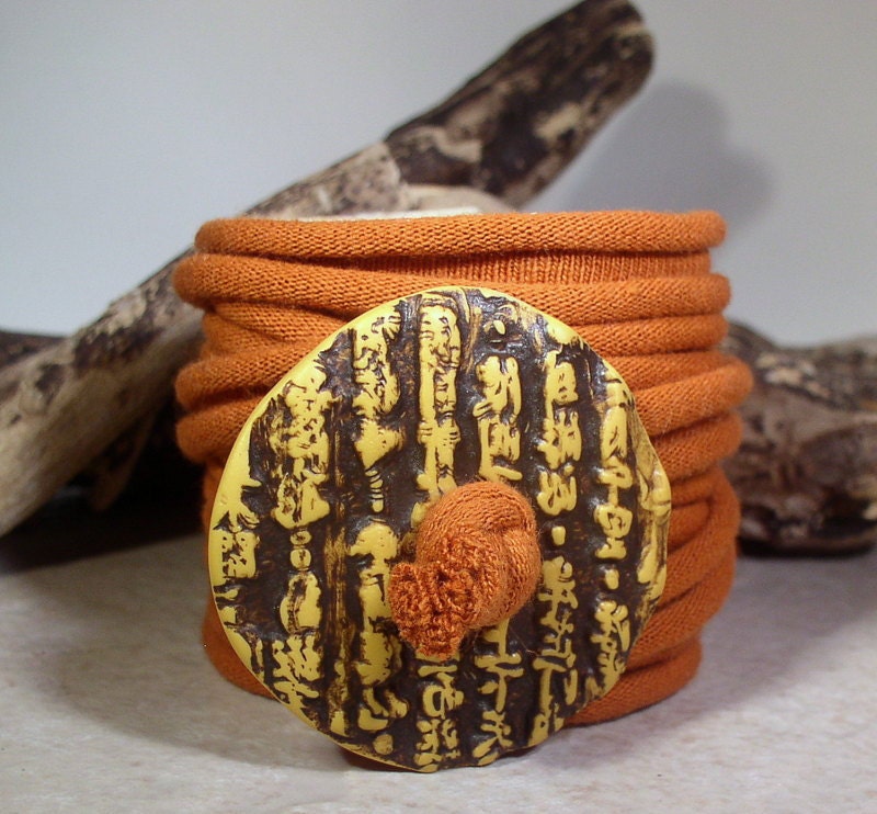 Wrap Bracelet - Asian Script Design - Button Clasp - Fabric Wrap - Easy Wear