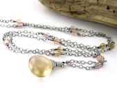 Champagne Citrine Necklace Wire Wrapped Crystal Necklace Sterling Silver Amethyst Topaz Peach Quartz Fashion Jewelry - Held Within No. 18