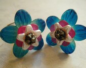 Beautiful Blue Flower Earrings with Magenta and Pink Accents, Nature Jewelry, Flowers, Antique Copper