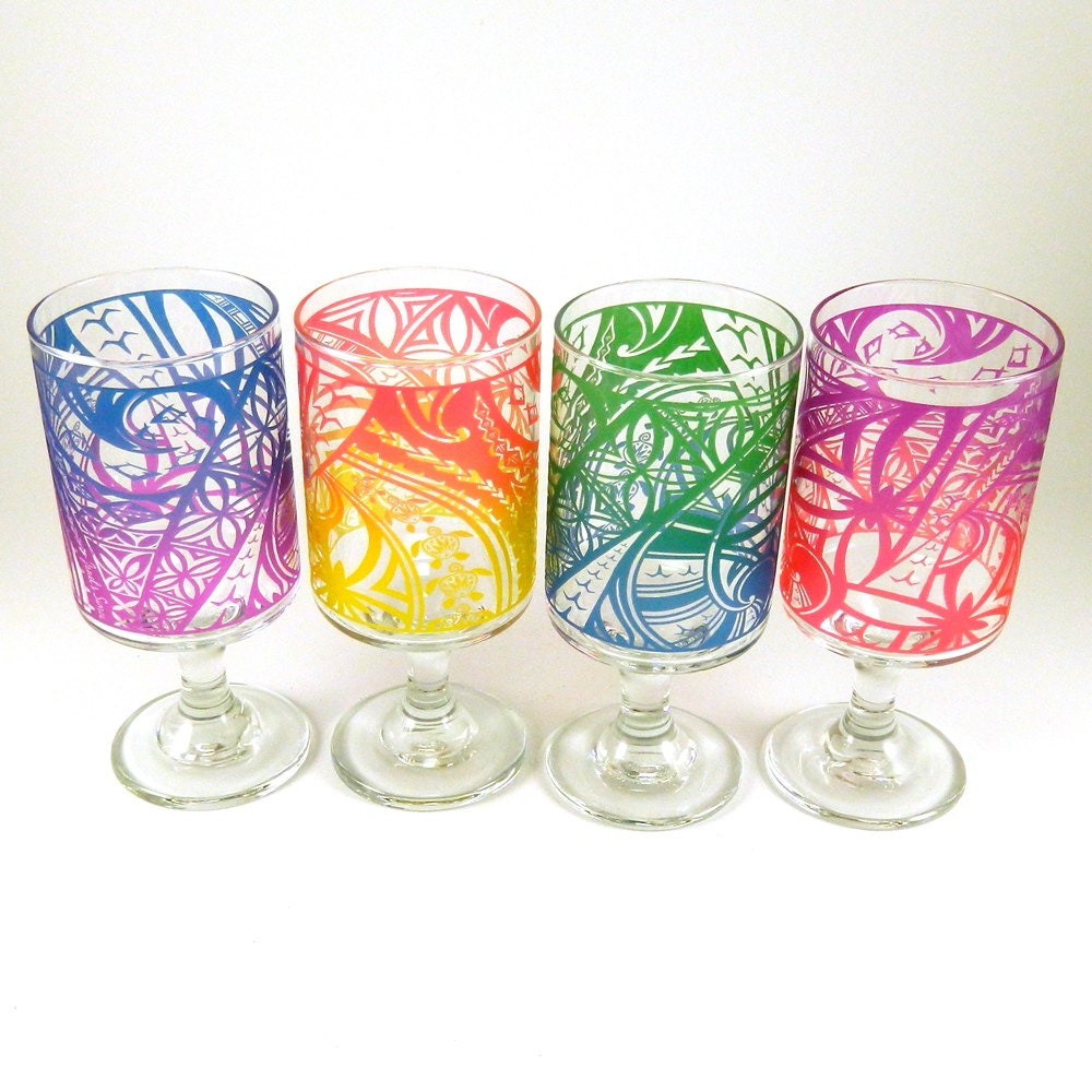 Stemmed Tumblers - Samoan Motif - Set of 4 - Custom Painted and Etched Glassware
