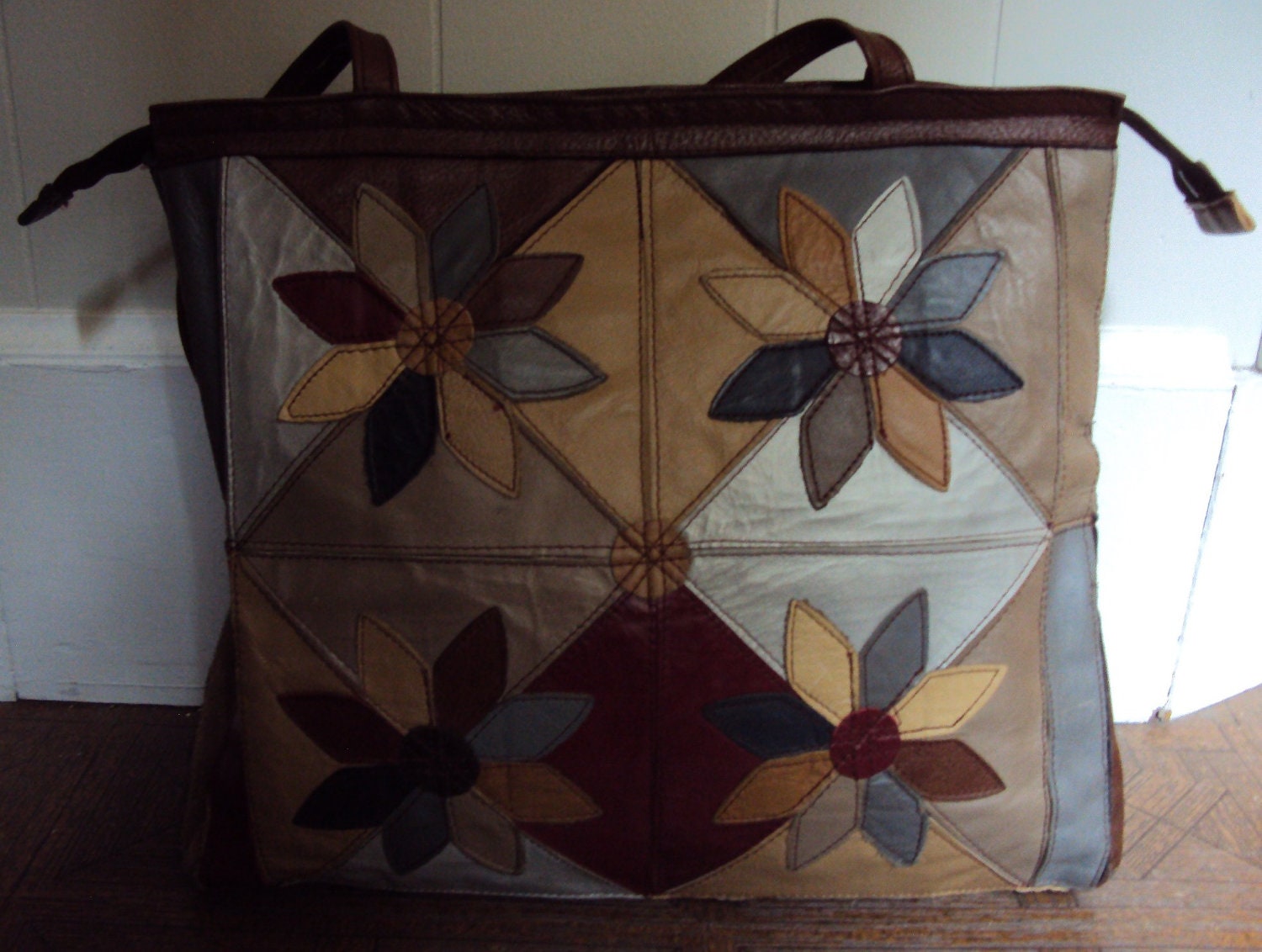 Vintage 70s Leather patchwork Flower Tote