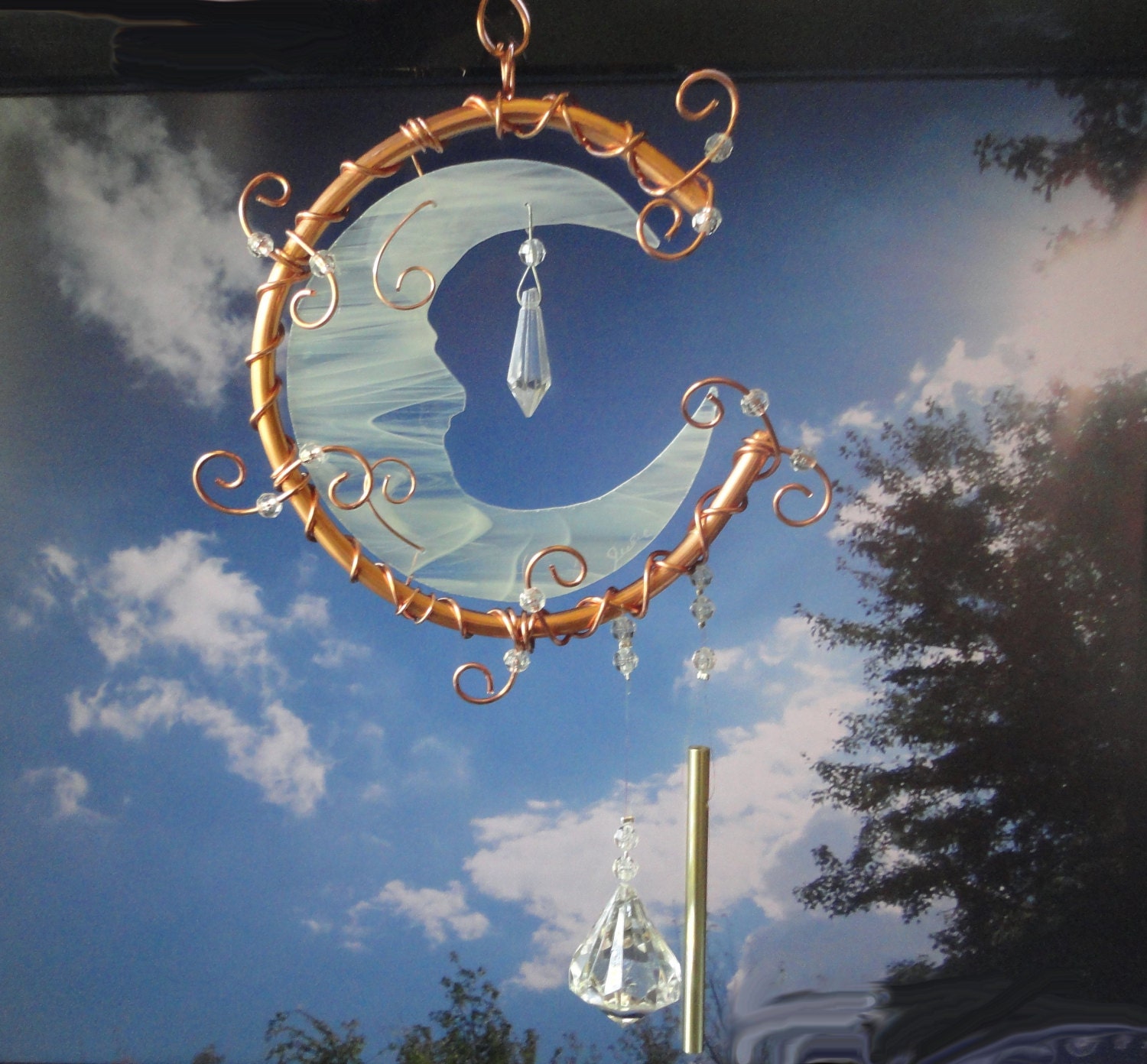Moon Man, Glass and Metal Sculpture, Garden Art, Windchime, Mobile, Wall Hanging, Home Decor