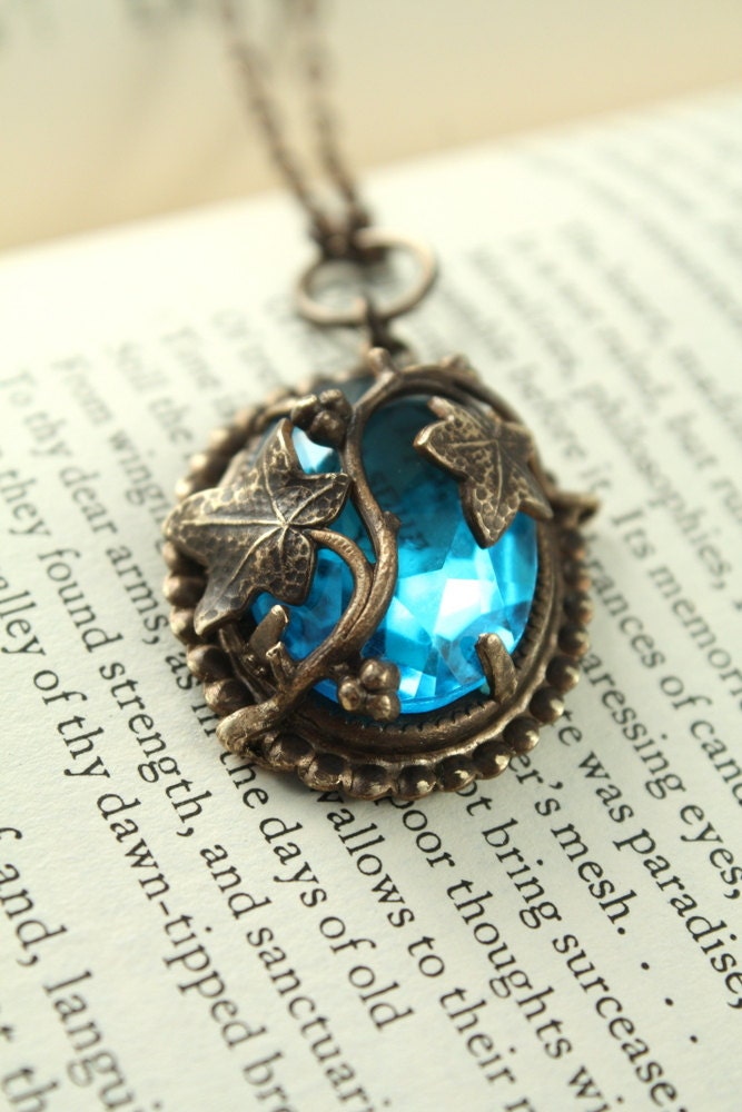 Vintage Tooled Brass "Reflection Pool" Arts and Crafts Czech Glass Necklace