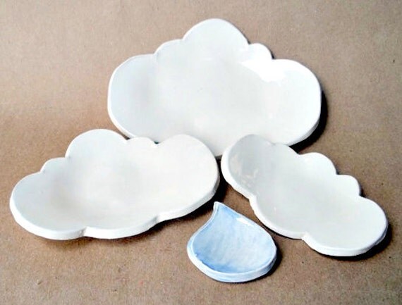Ceramic Clouds Nesting trinket Bowls with Rain Drop