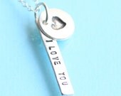 I LOVE YOU necklace, stick pendant with heart, eco-friendly silver. Handcrafted by Chocolate and Steel
