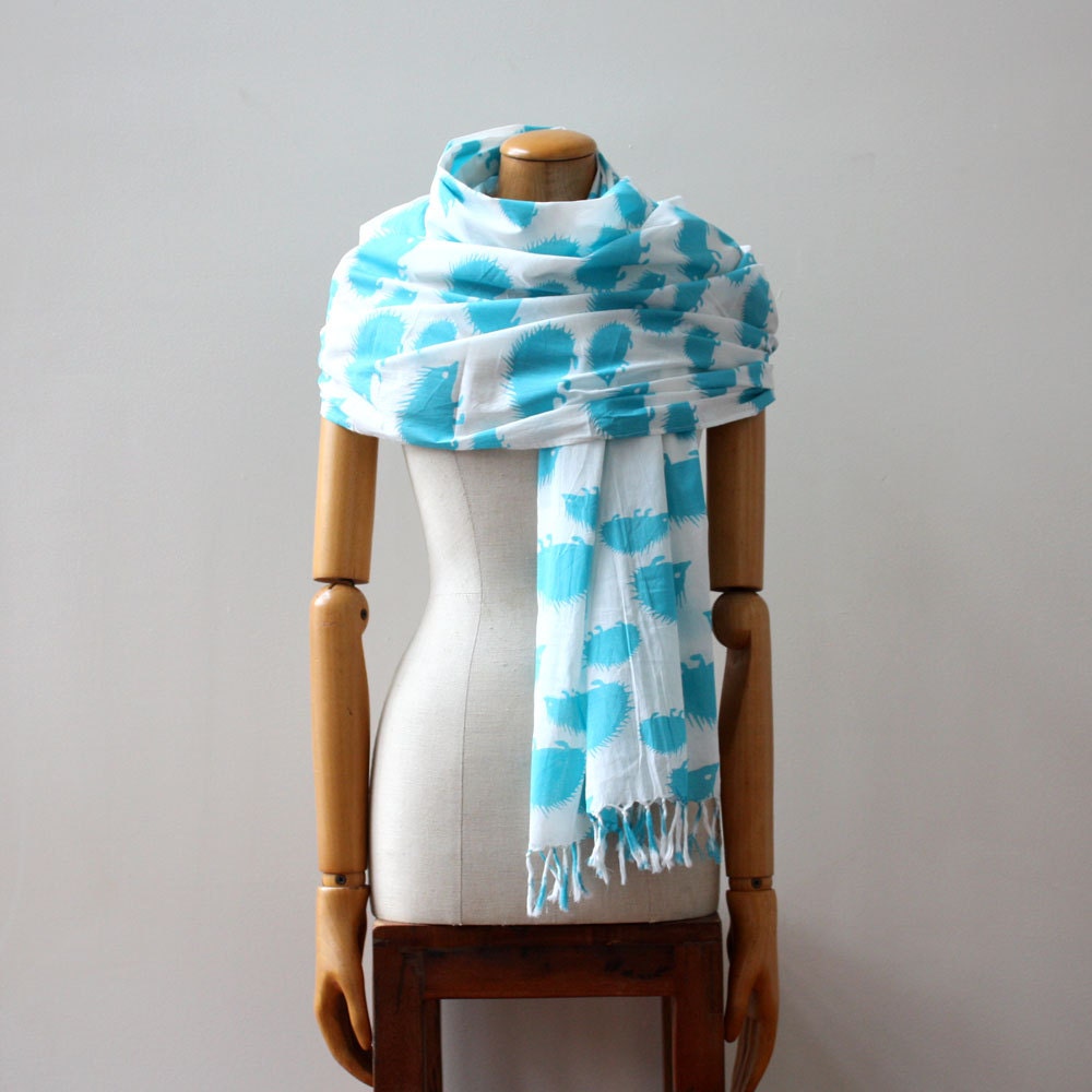 Organic Cotton Voile Scarf - Teal Hedgehog