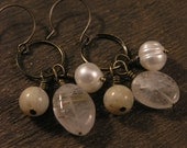 crystal rock quartz, african opal and freshwater pearls brass hoop earrings