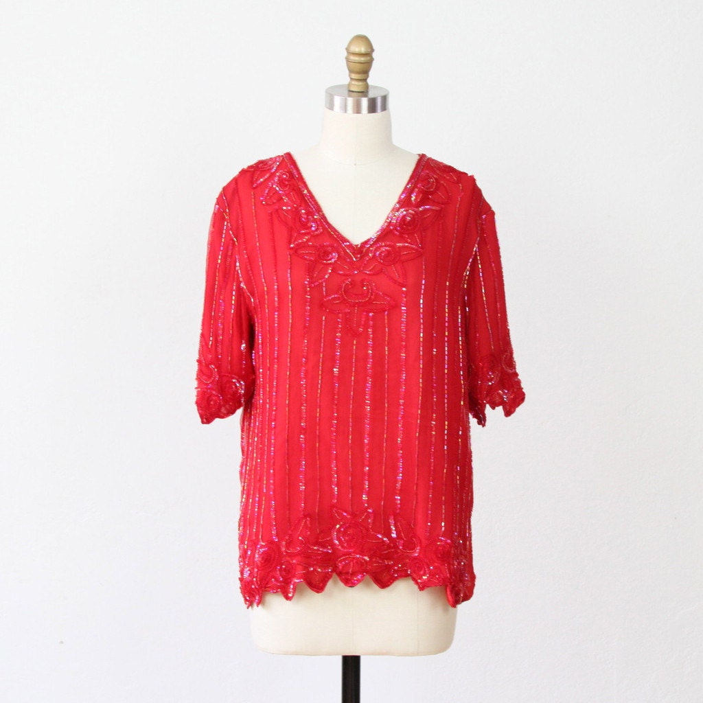 Ruby Red Scalloped Sparkle Top - L