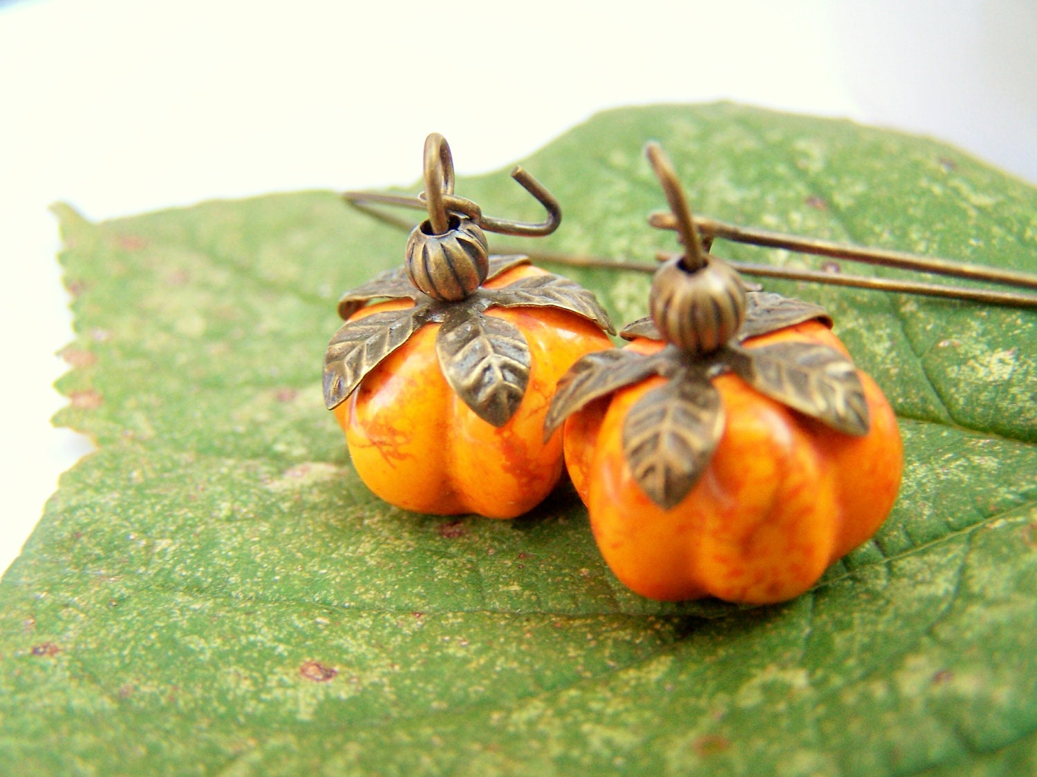 Thanksgiving Pumpkin Earrings, Miniature Orange Gourds on Antiqued Brass, Orange Stone Pumpkin Earrings for Autumn - Pumpkins